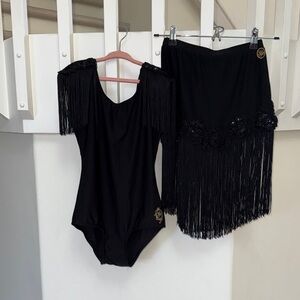 Black ballroom latin Fringe Bodysuit and Skirt Set
